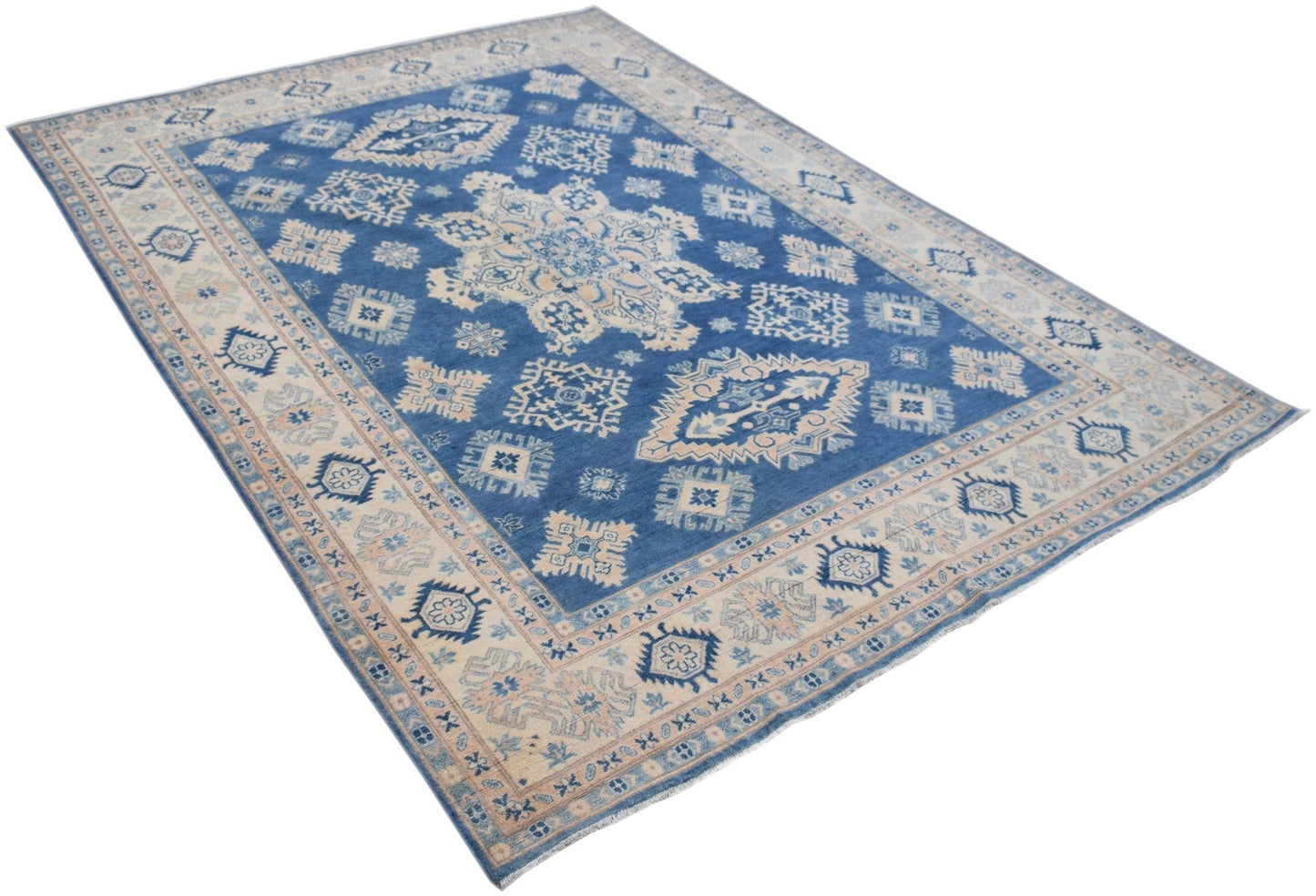 A rectangular handmade Afghan Kazakh rug featuring a blue field with beige geometric patterns.