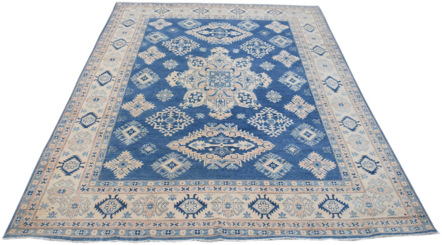 Handmade Afghan Kazakh rug featuring a traditional blue and beige geometric pattern.