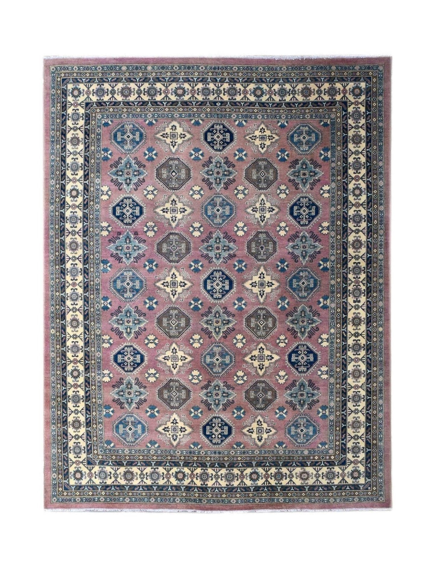 Handmade Afghan Kazakh rug featuring a geometric pattern in shades of mauve, blue, and beige.