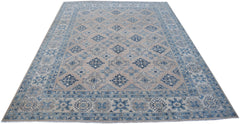 Handmade Afghan Kazakh rug featuring a traditional blue and beige geometric pattern.