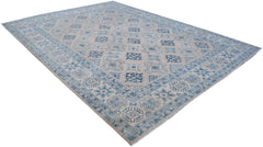 A handmade Afghan Kazakh rug featuring traditional blue geometric patterns on a beige background.