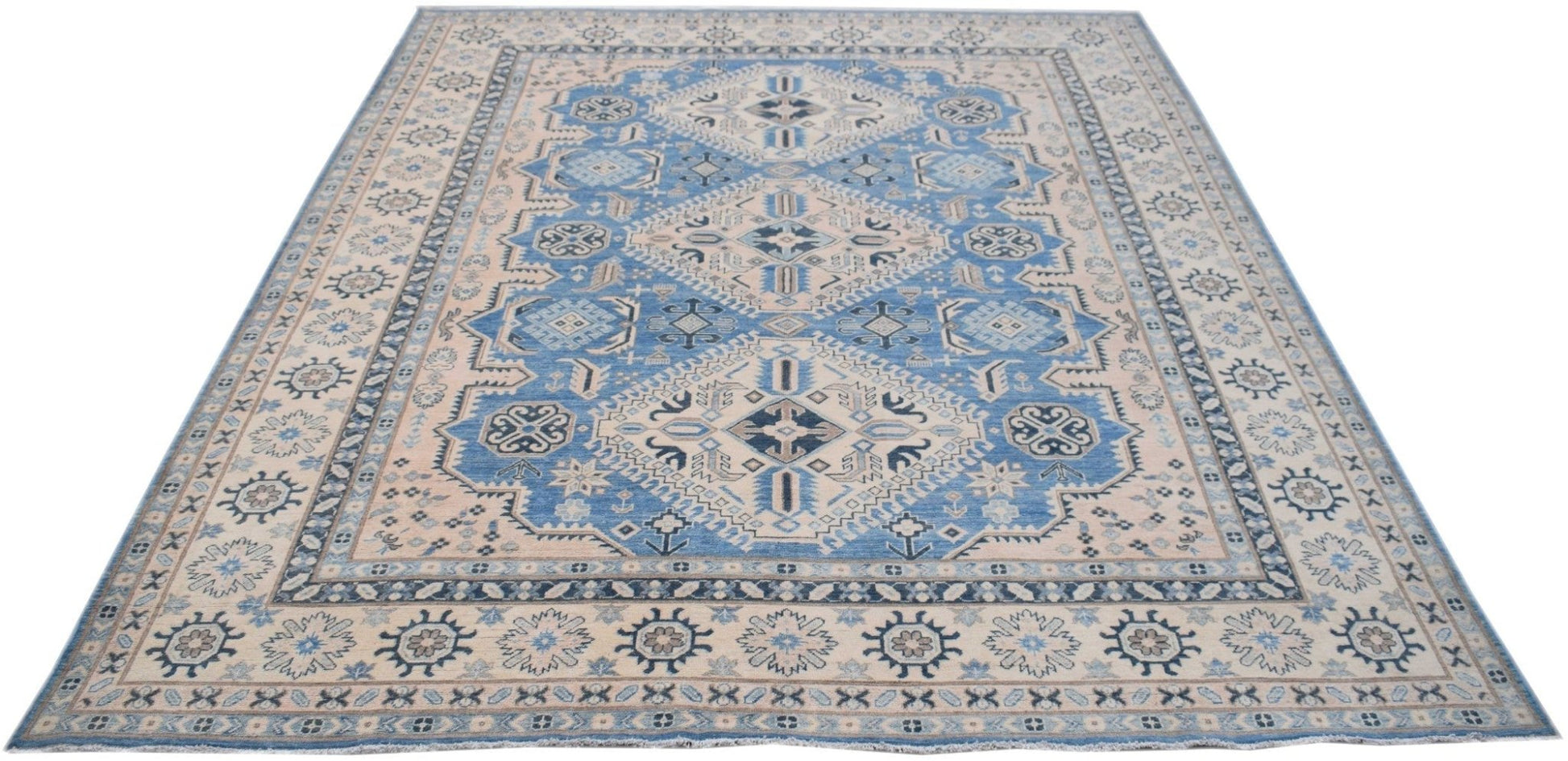 Handmade Afghan Kazakh rug featuring a geometric pattern in shades of blue and beige.
