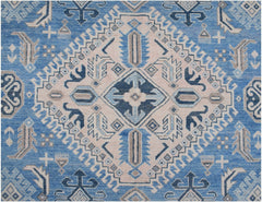 Handmade Afghan Kazakh rug featuring a geometric diamond pattern in shades of blue, beige, and grey.