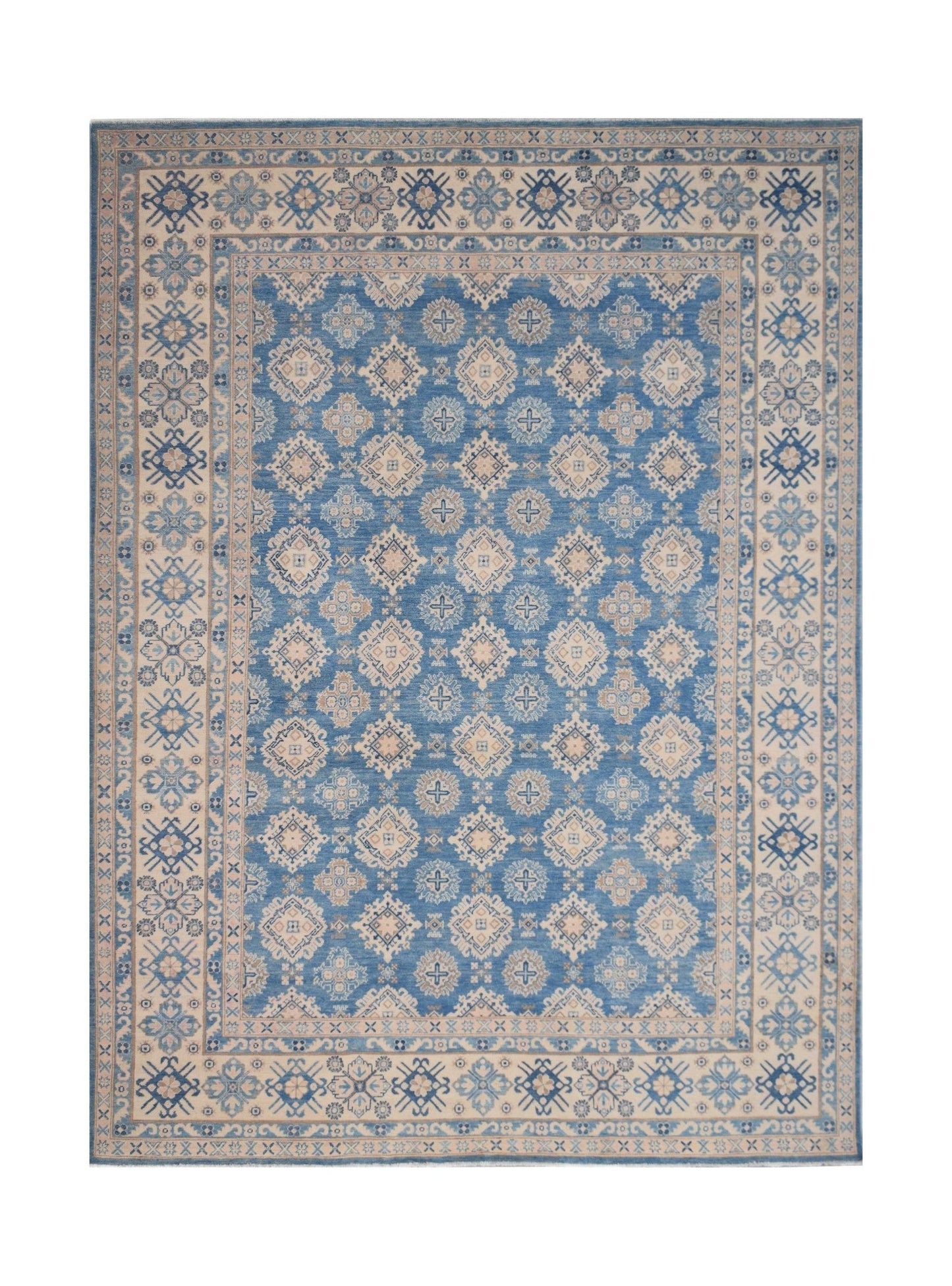 Handmade Afghan Kazakh rug featuring a blue field with intricate beige geometric patterns.