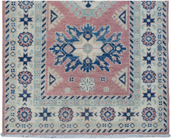 Handmade Afghan Kazakh runner rug featuring traditional geometric motifs in pink, blue, and cream.