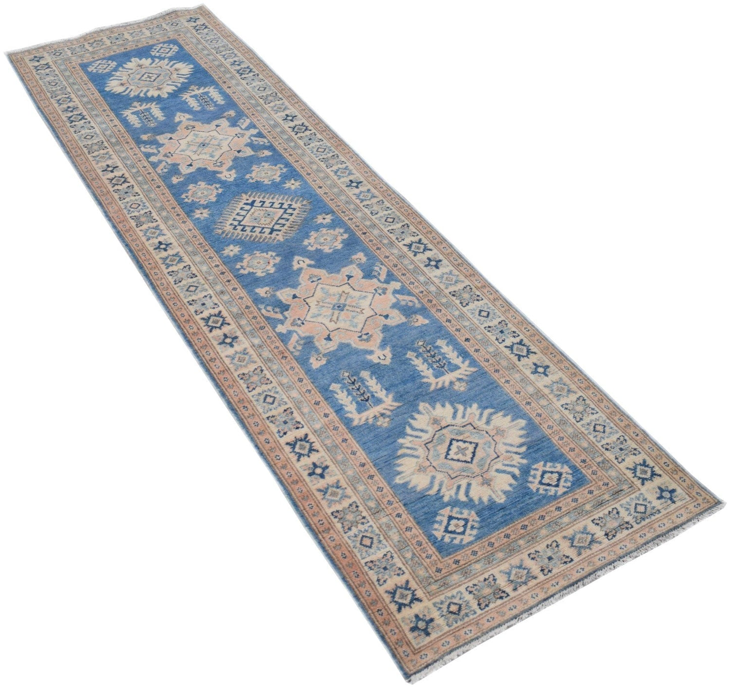 A handmade Afghan Kazakh runner rug featuring geometric patterns in blue, beige, and grey tones.