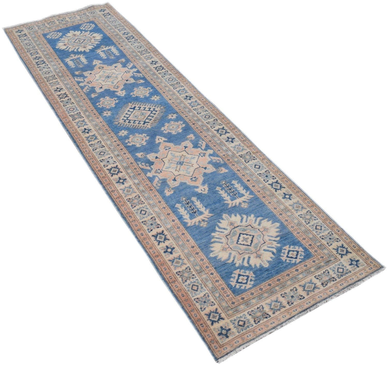 A handmade Afghan Kazakh runner rug featuring geometric patterns in blue, beige, and grey tones.