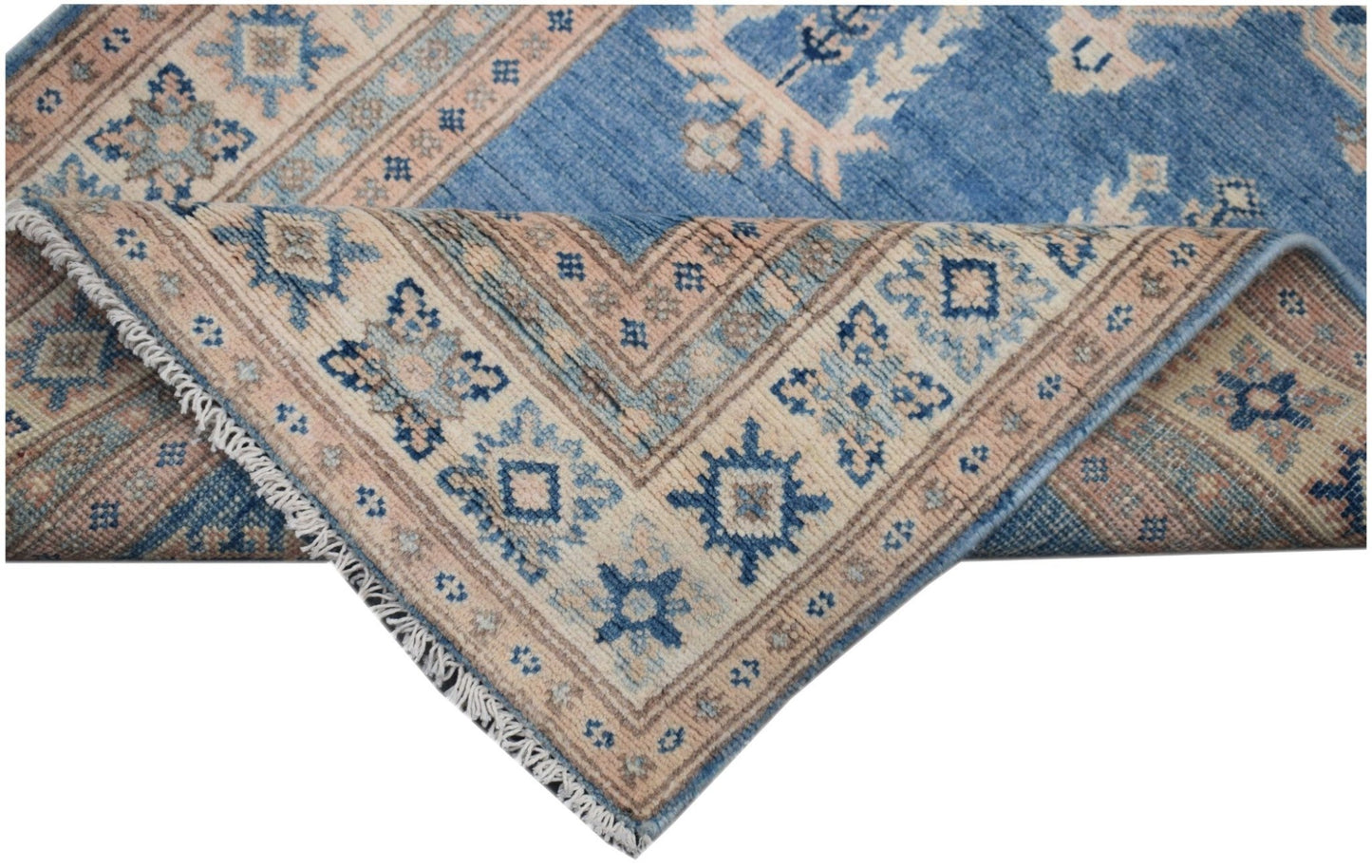 Handmade Afghan Kazakh runner rug featuring a blue field with beige and grey geometric patterns.