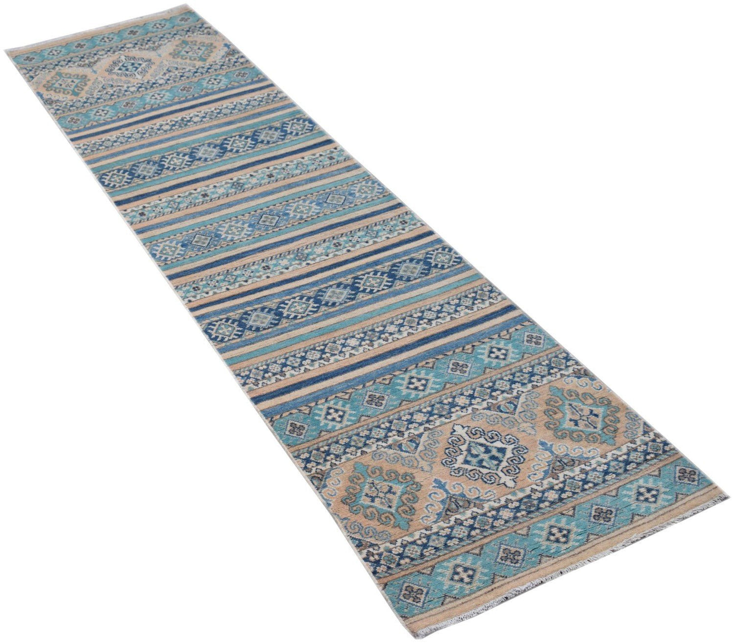 A handmade Afghan Kazakh runner rug featuring a geometric pattern in shades of blue and beige.