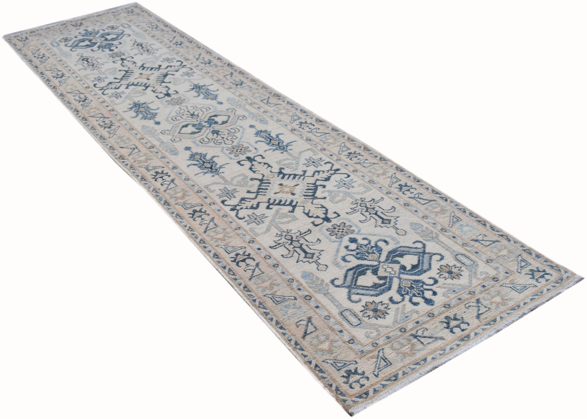 Handmade Afghan Kazakh runner rug featuring traditional blue and beige geometric patterns.