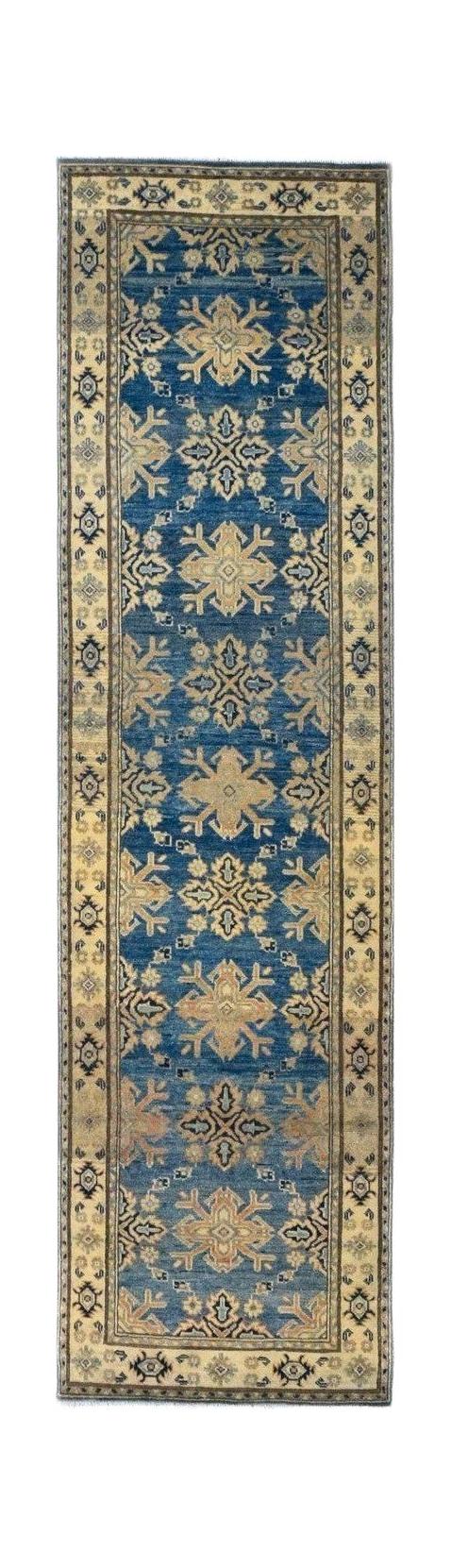 Handmade Afghan Kazakh runner rug featuring a blue field with beige geometric floral motifs.