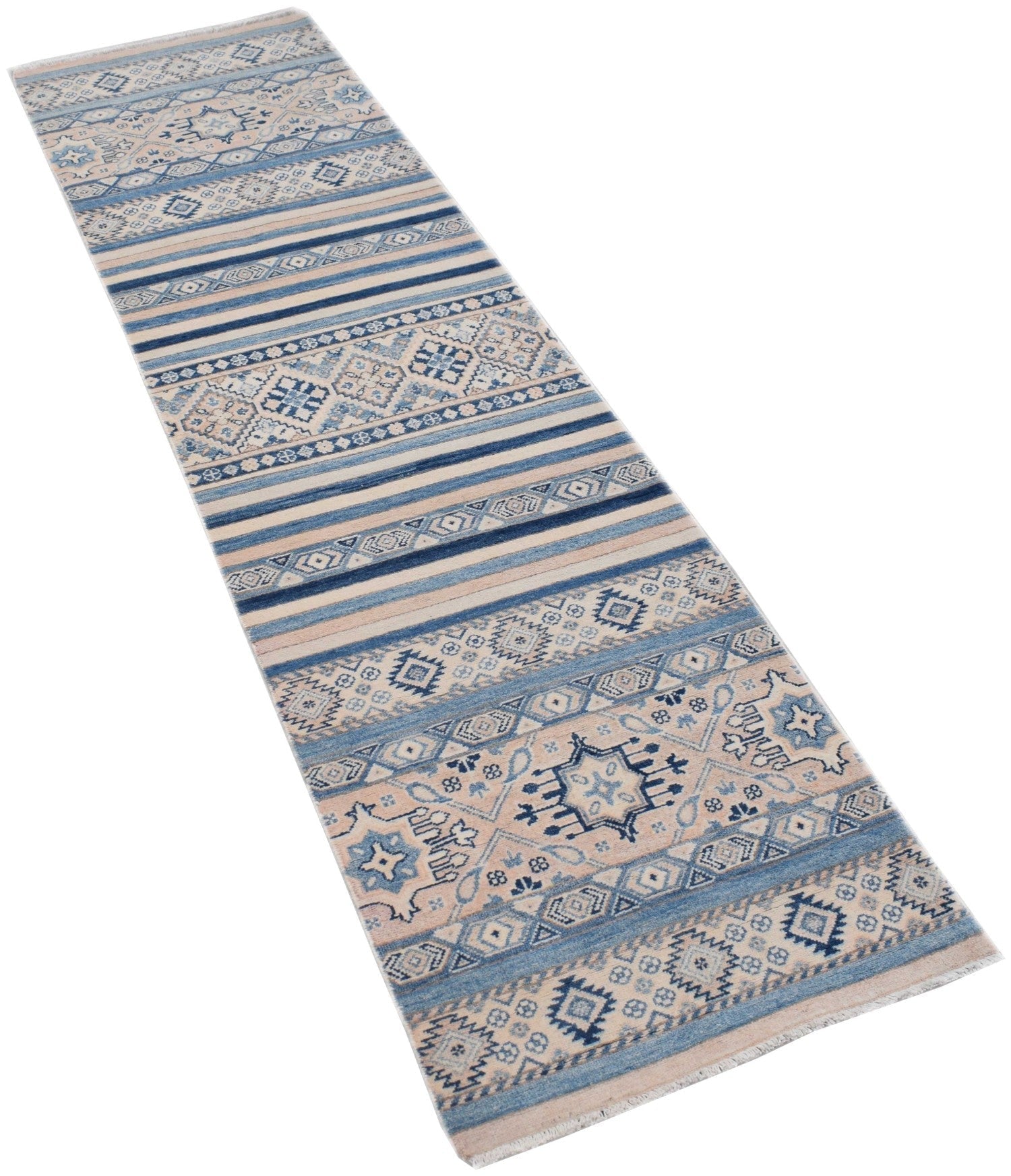 Handmade Afghan Kazakh runner rug featuring geometric patterns in shades of blue and beige.
