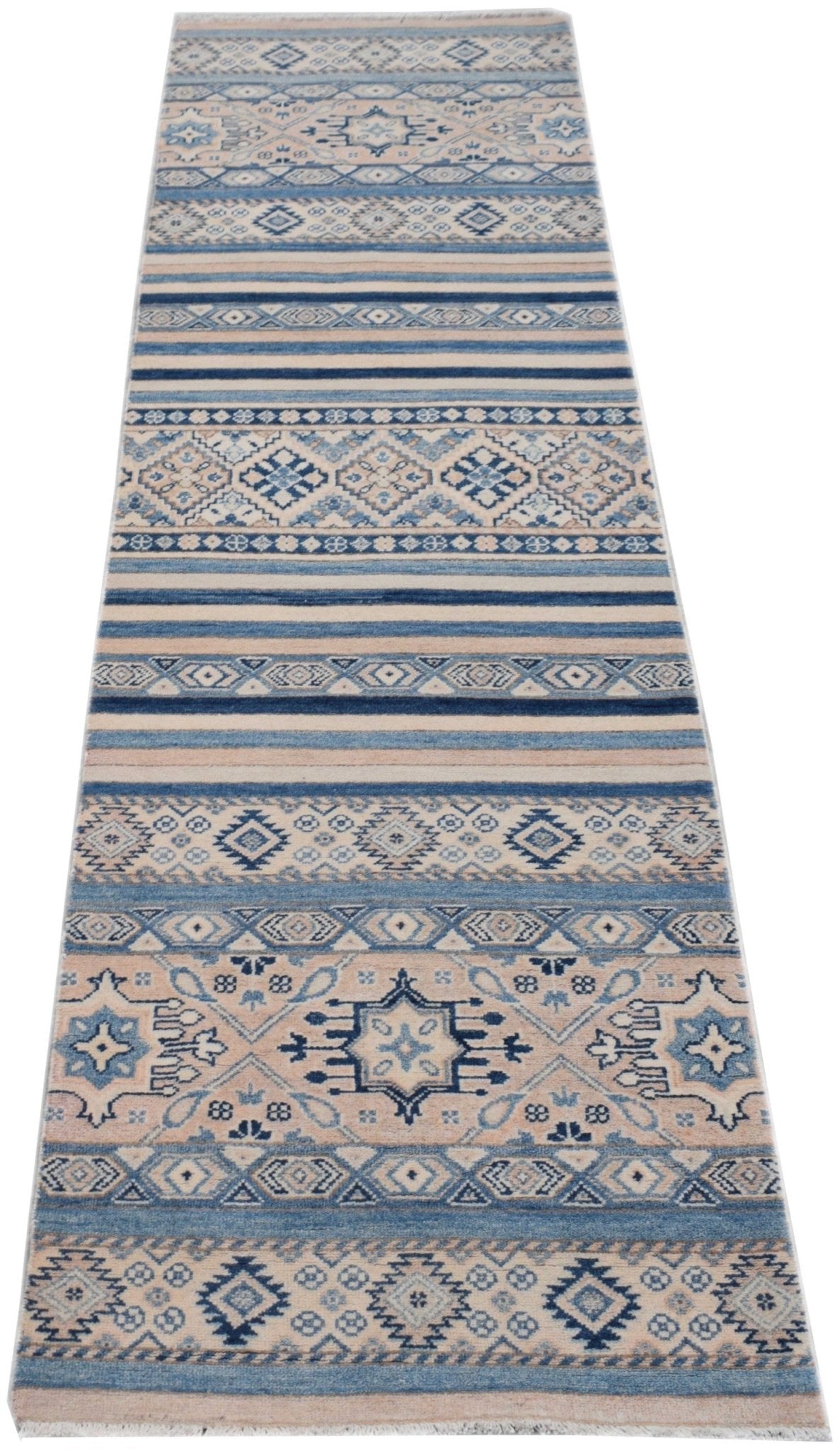 Handmade Afghan Kazakh runner rug featuring geometric patterns in shades of blue and beige.