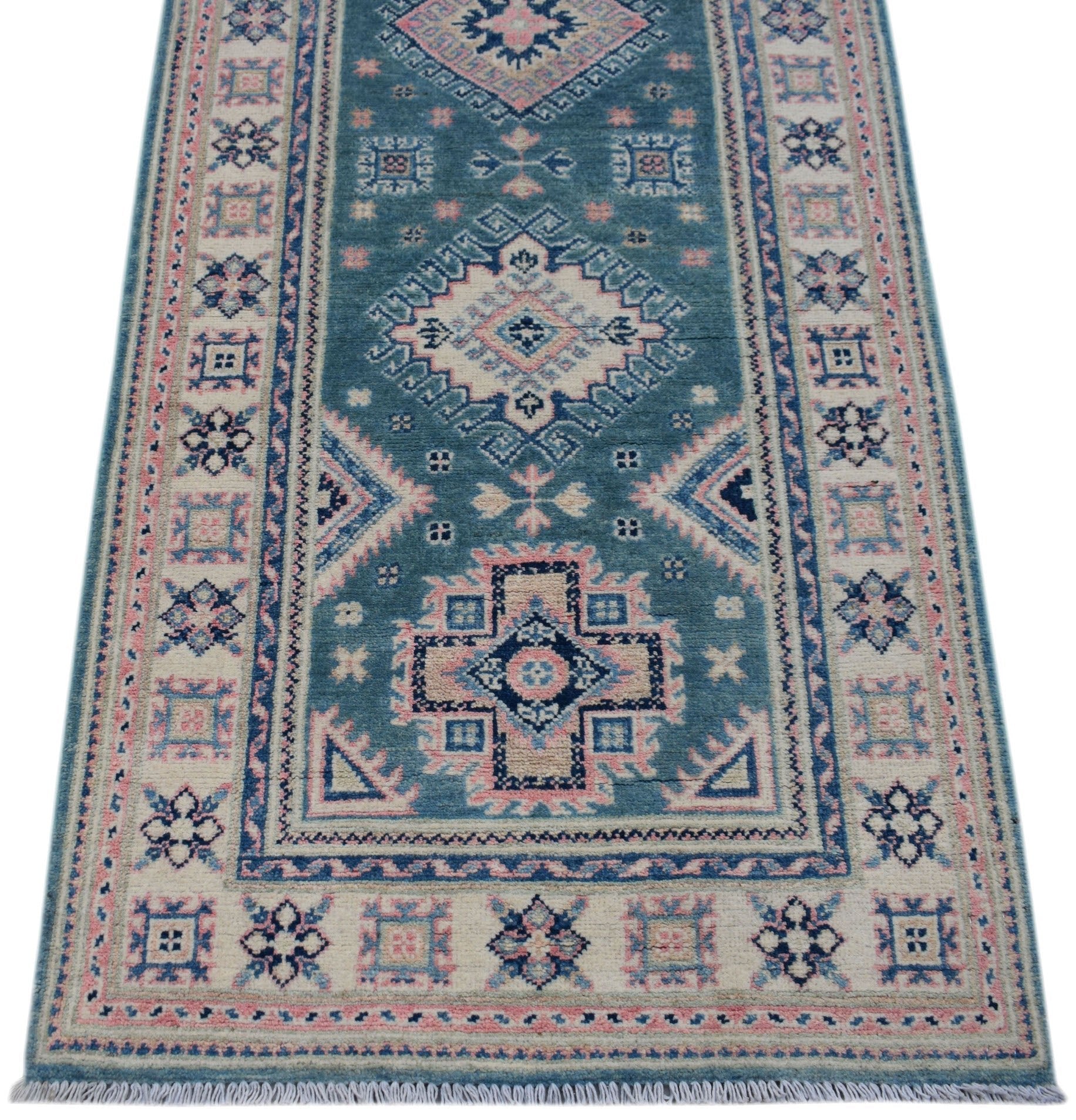 A handmade Afghan Kazakh runner rug featuring traditional geometric motifs in blue, pink, and cream.