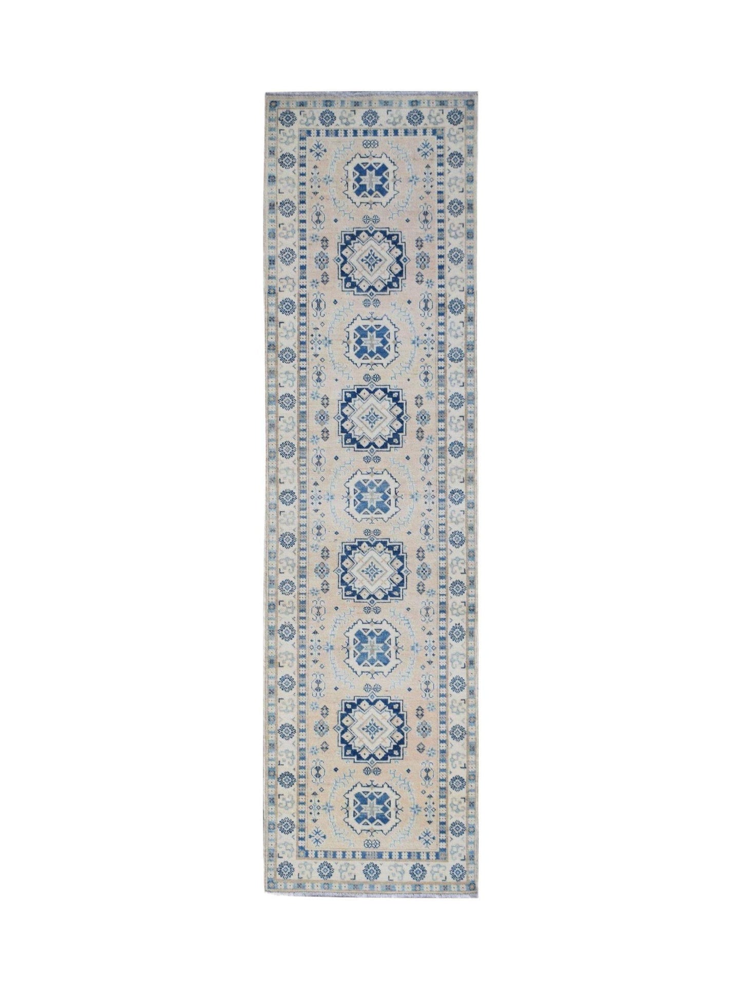 Handmade Afghan Kazakh runner rug featuring blue geometric medallions on a cream wool background.
