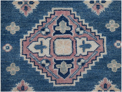 Handmade Afghan Kazakh runner featuring a geometric diamond pattern in blue, pink, and cream.