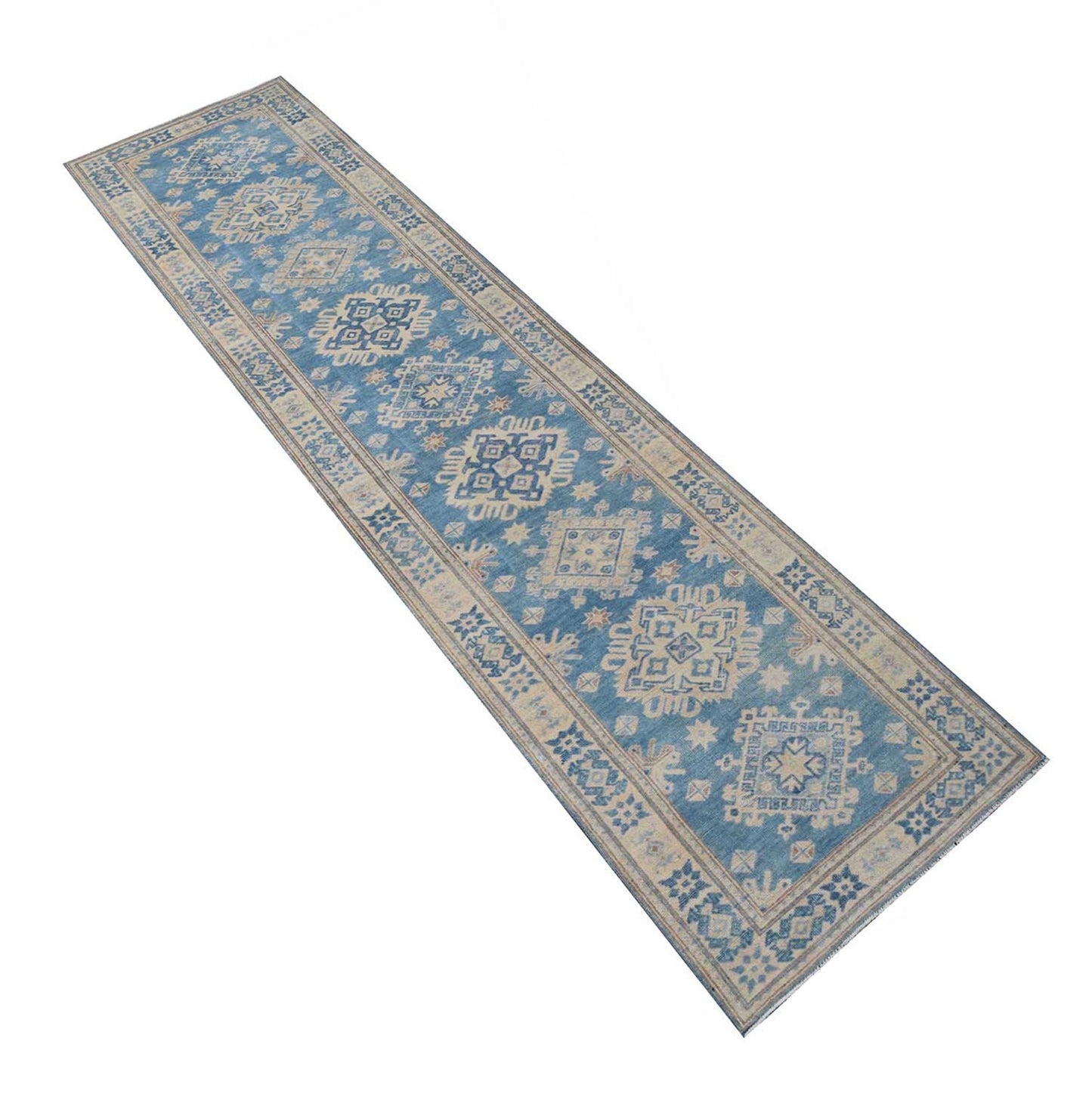 A handmade Afghan Kazakh runner rug featuring a repeating geometric pattern in blue and beige.