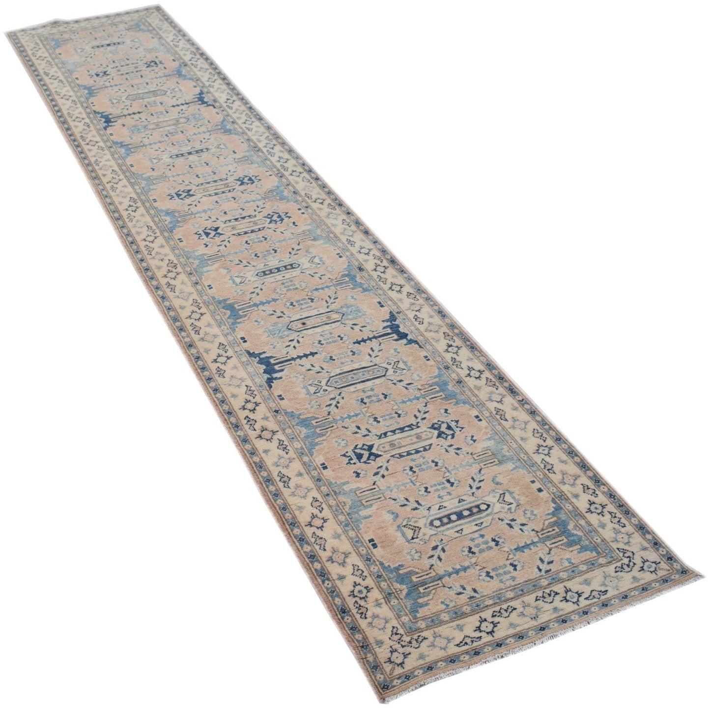 A handmade Afghan Kazakh runner rug featuring a traditional geometric pattern in beige and blue.