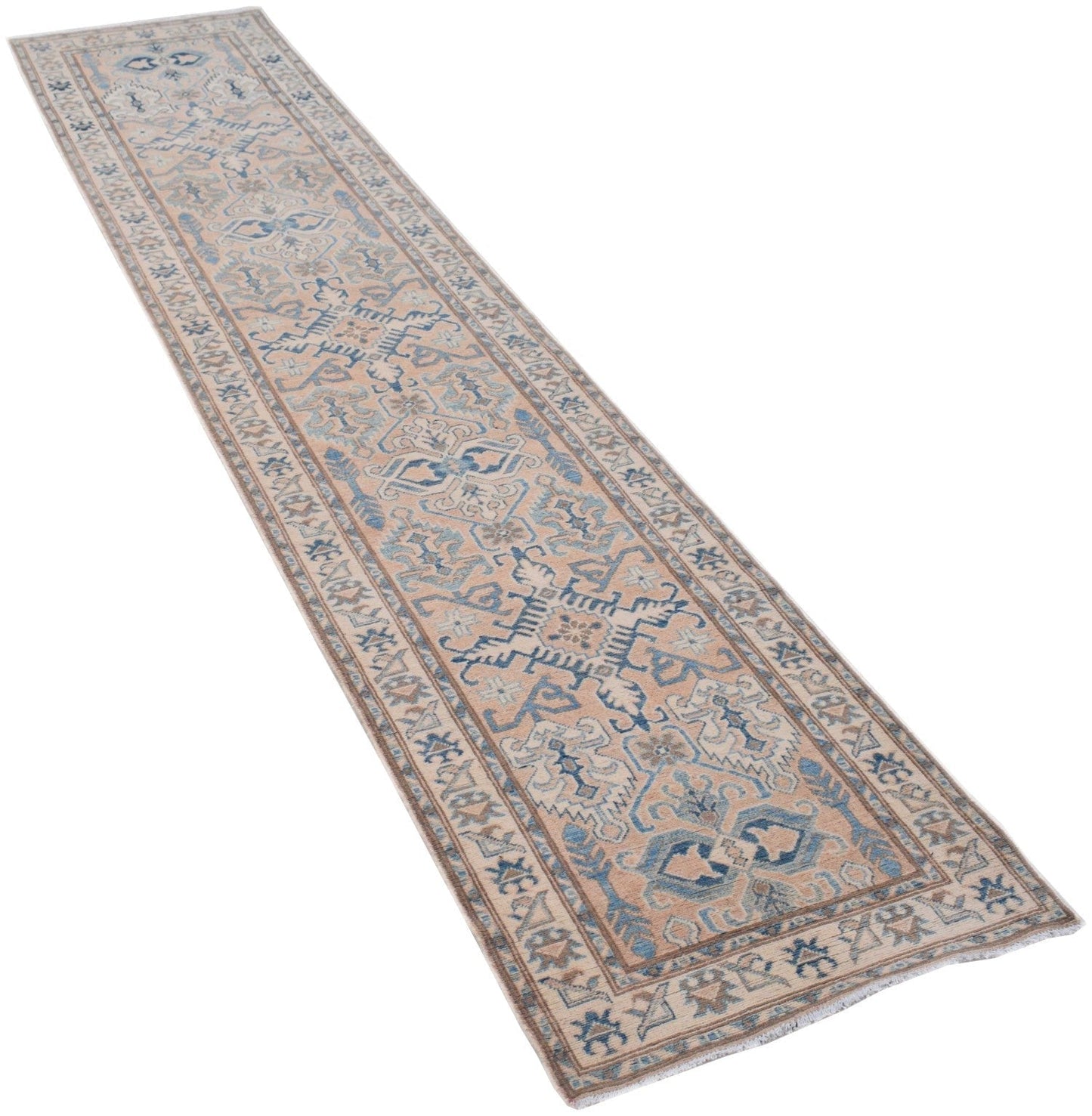 A handmade Afghan Kazakh runner rug featuring a traditional geometric pattern in beige and blue.