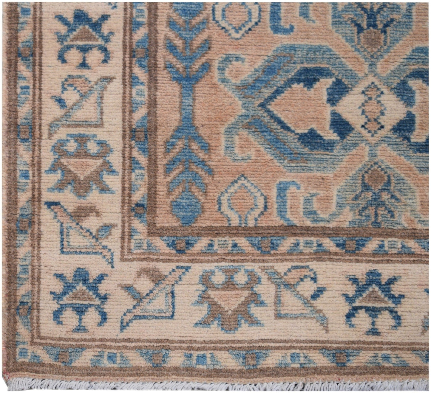 Handmade Afghan Kazakh runner featuring a geometric pattern in shades of beige and blue.