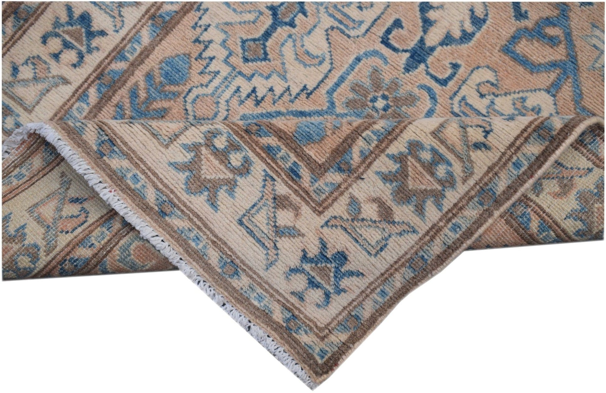 An Afghan Kazakh runner rug featuring a geometric pattern in shades of beige and blue.