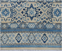 Handmade Afghan Kazakh runner rug featuring geometric blue and beige tribal patterns.