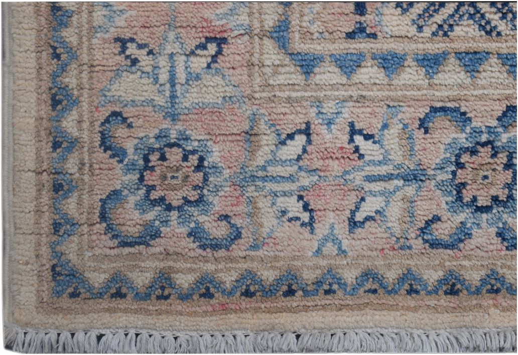 A handmade Afghan Kazakh runner featuring a traditional floral pattern in blue, beige, and pink.