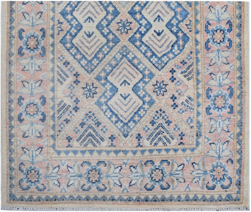 Handmade Afghan Kazakh runner featuring a geometric diamond pattern in blue, beige, and pink.
