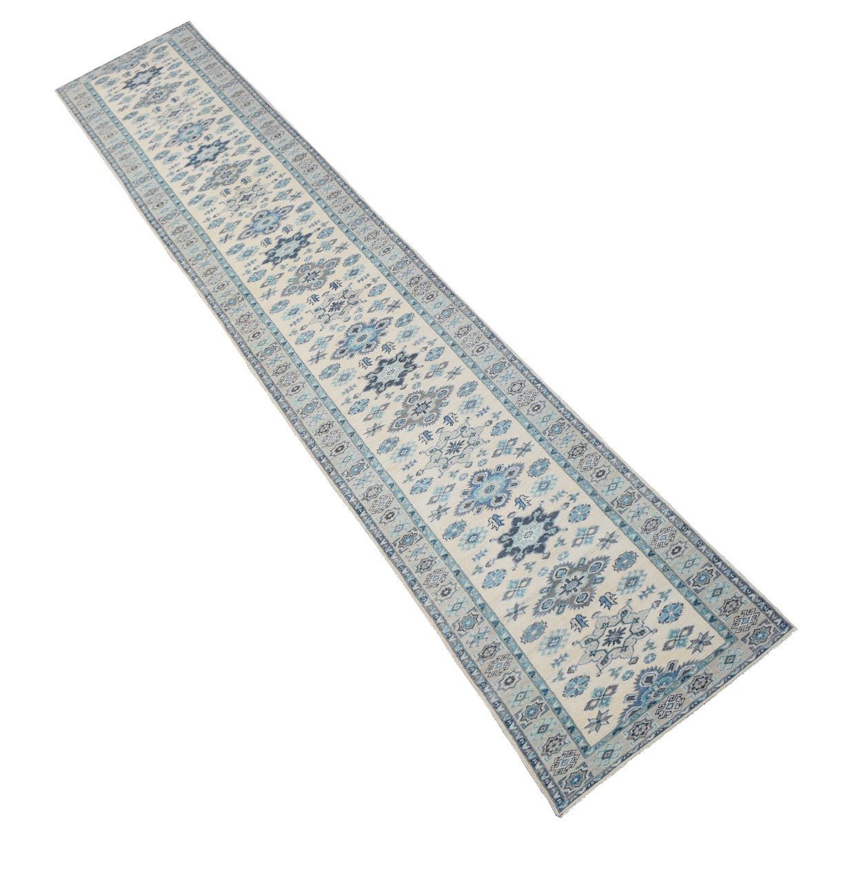 A handmade Afghan Kazakh runner rug featuring a traditional blue and grey pattern on a beige base.
