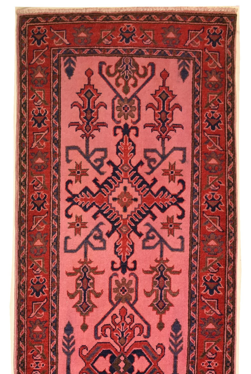 A handmade Afghan Kazakh runner featuring a geometric pattern in vibrant pink and red tones.