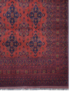 Handmade Afghan Khal Mohammadi wool rug featuring deep red tones and geometric blue patterns.
