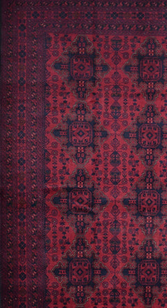 Handmade Afghan Khal Mohammadi wool rug featuring deep red tones and geometric patterns.