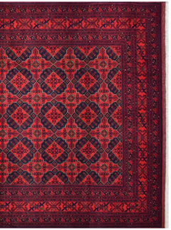 Handmade Afghan Khal Mohammadi wool rug featuring a geometric pattern in deep red and blue tones.