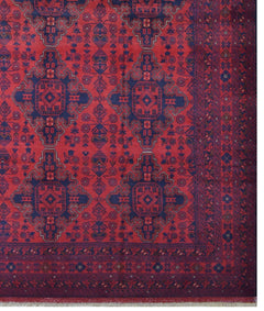 Handmade Afghan Khal Mohammadi rug featuring deep red tones and geometric blue patterns.