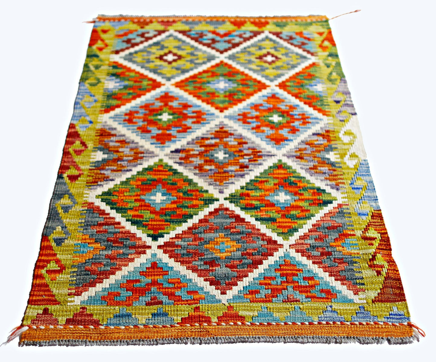 Handwoven Afghan Maimana kilim rug featuring a vibrant geometric diamond pattern in wool.
