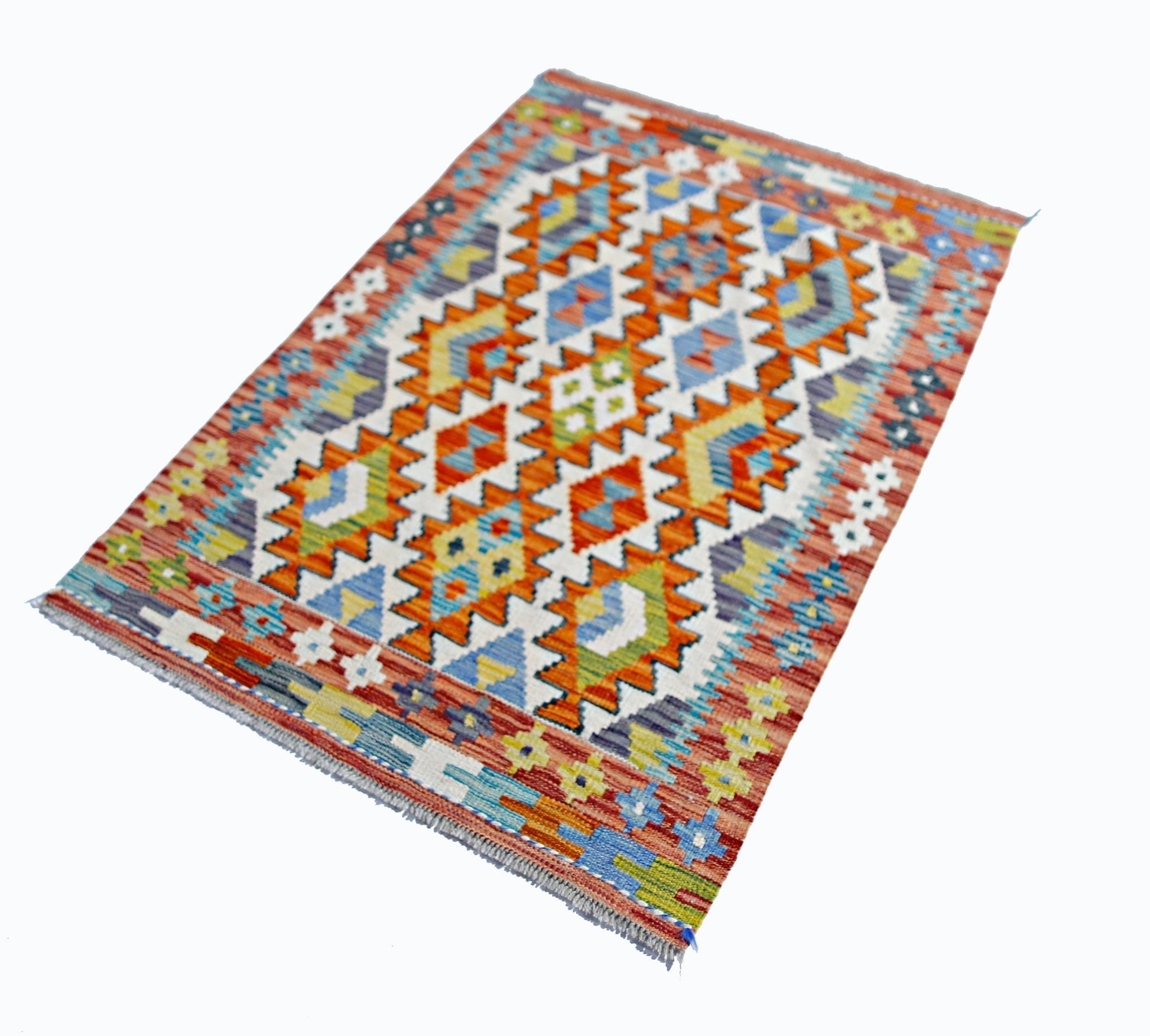 Handwoven Afghan Maimana kilim rug featuring a vibrant geometric pattern in wool.