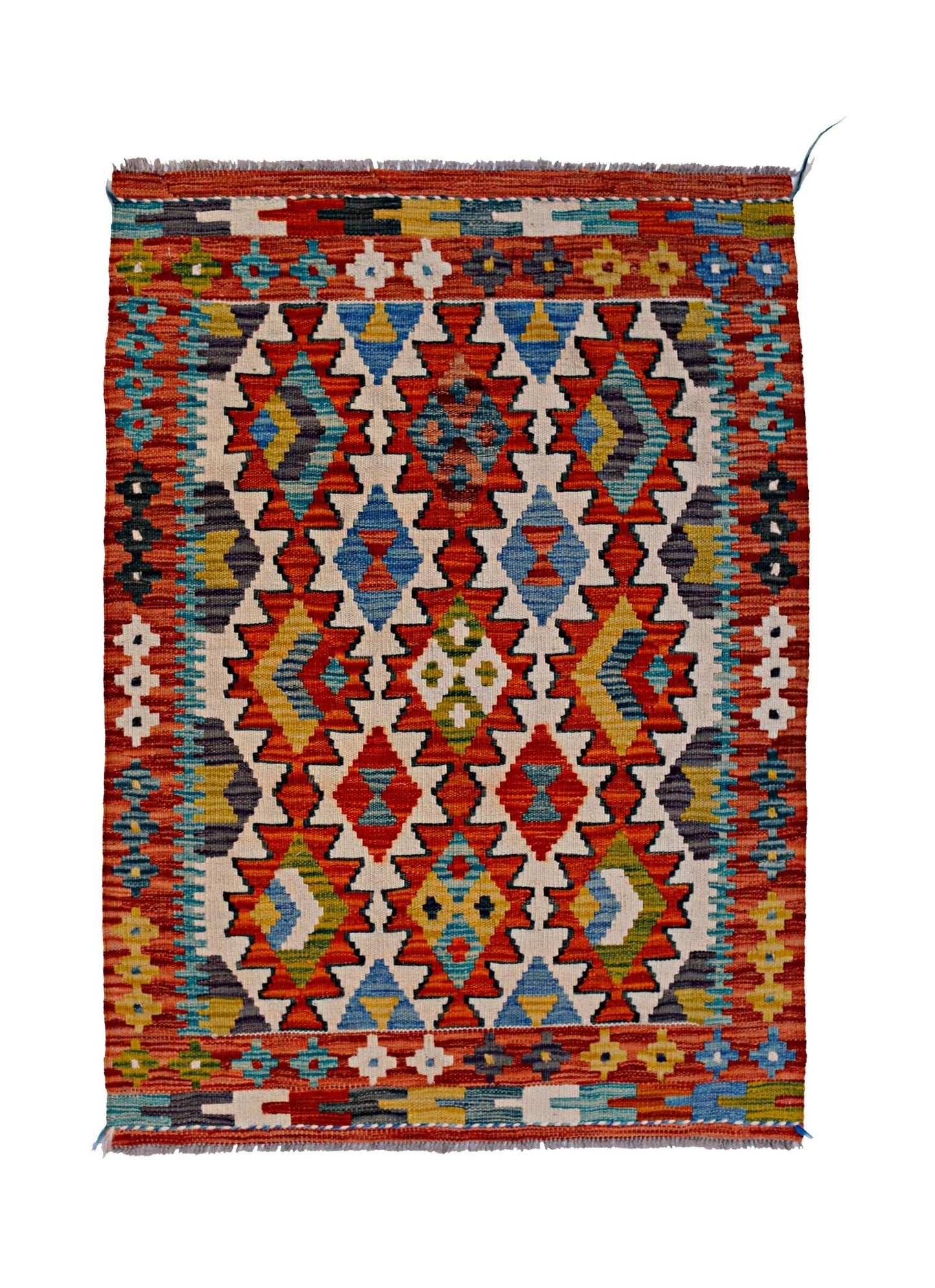 Handwoven Afghan Maimana kilim rug featuring a vibrant geometric pattern in wool.