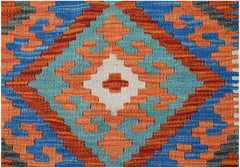 Handwoven Afghan Maimana kilim featuring a geometric diamond pattern in blue, orange, and white.