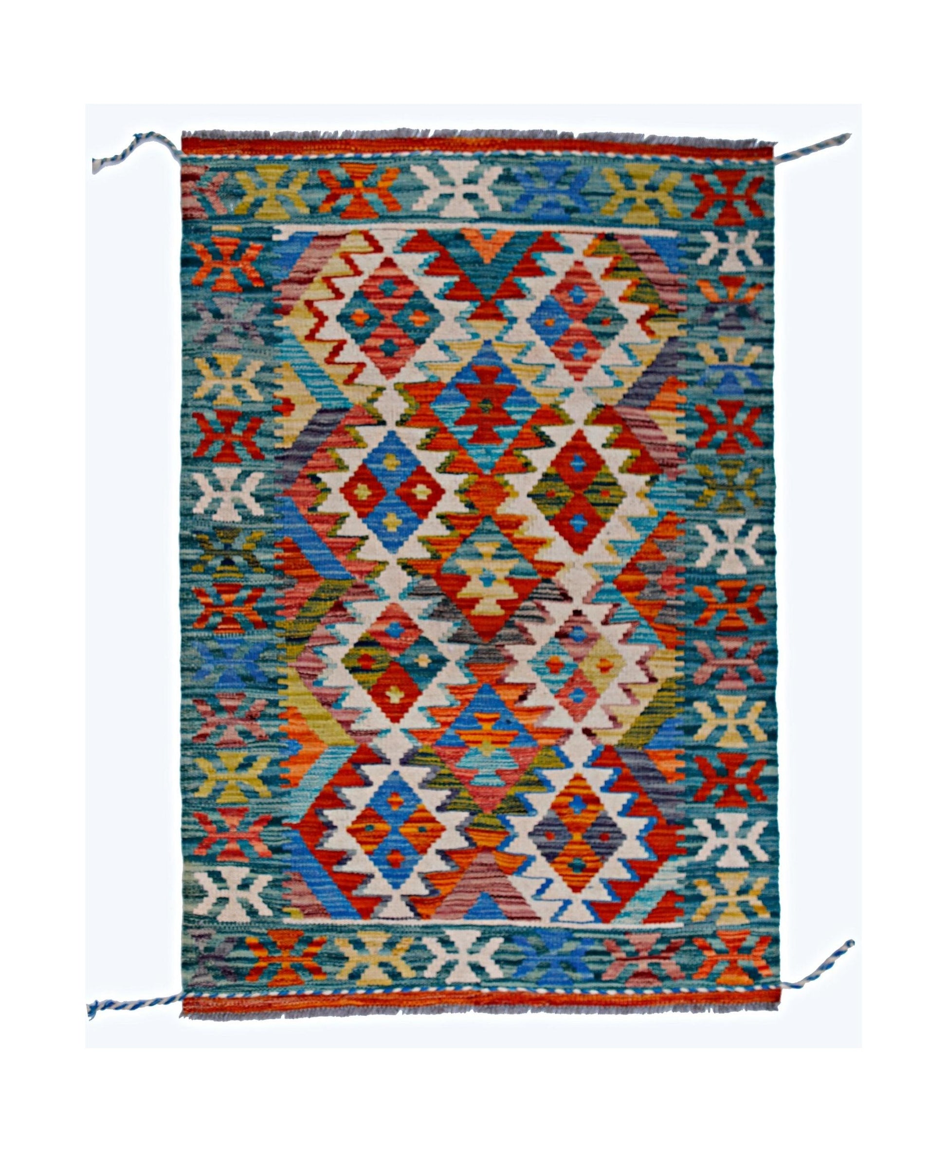Handwoven Afghan Maimana kilim featuring a vibrant geometric diamond pattern in wool.