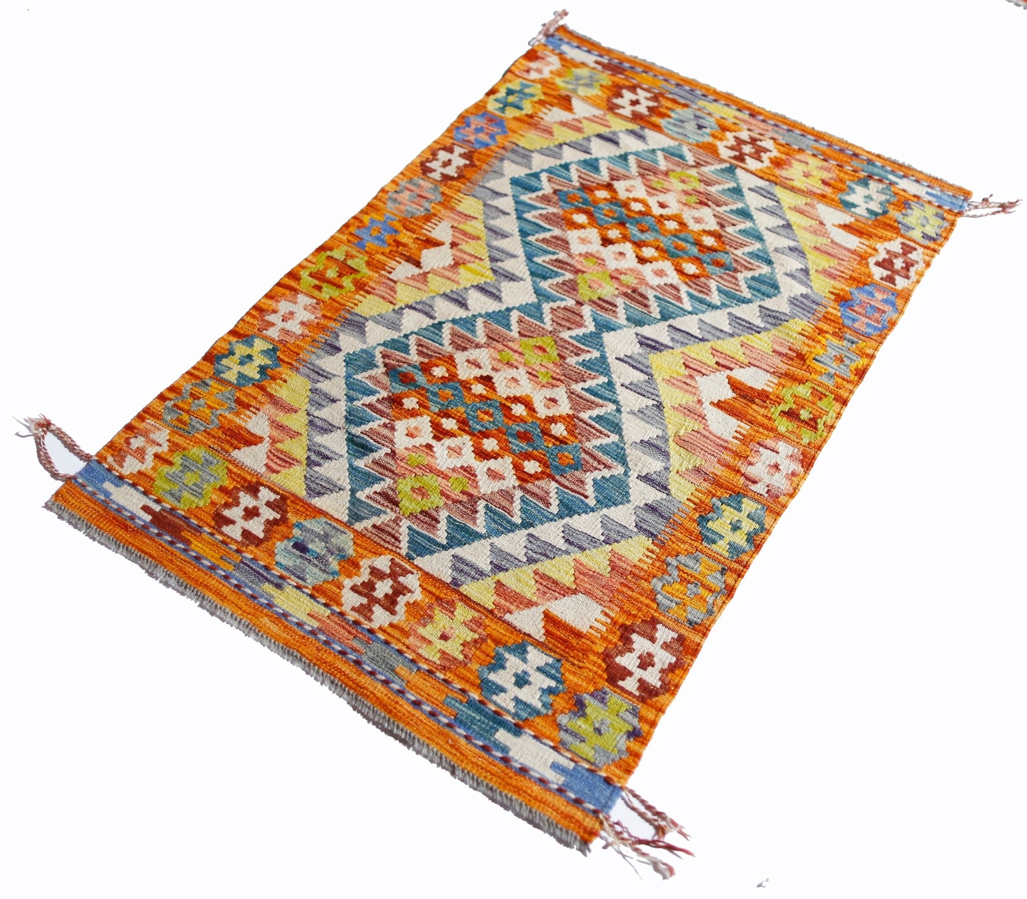 Handwoven Afghan Maimana kilim rug featuring a vibrant geometric pattern in wool.