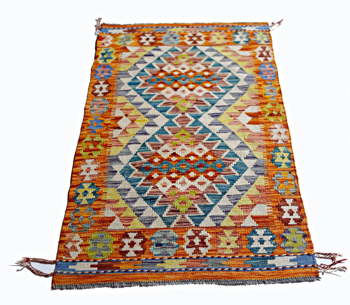 Handwoven Afghan Maimana kilim rug featuring a vibrant geometric pattern in wool.