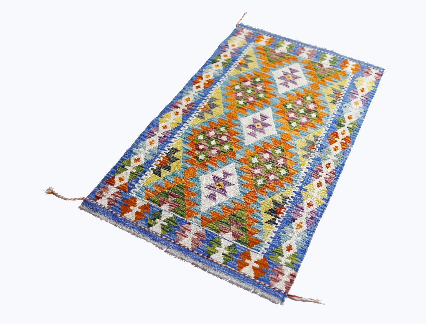 Handwoven Afghan Maimana wool kilim featuring a vibrant geometric pattern in a flatweave style.