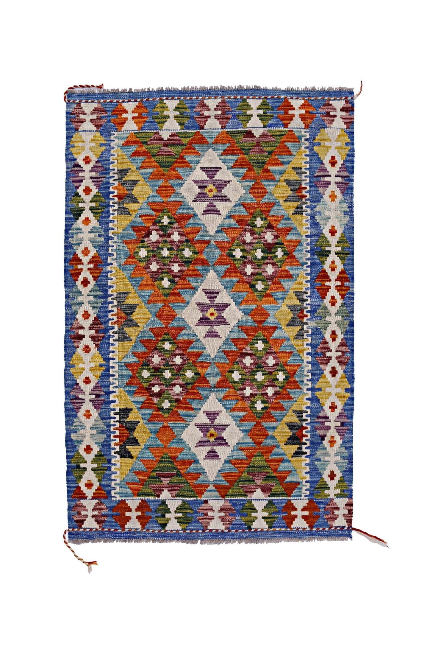 Handwoven Afghan Maimana kilim rug featuring a vibrant geometric pattern in wool.