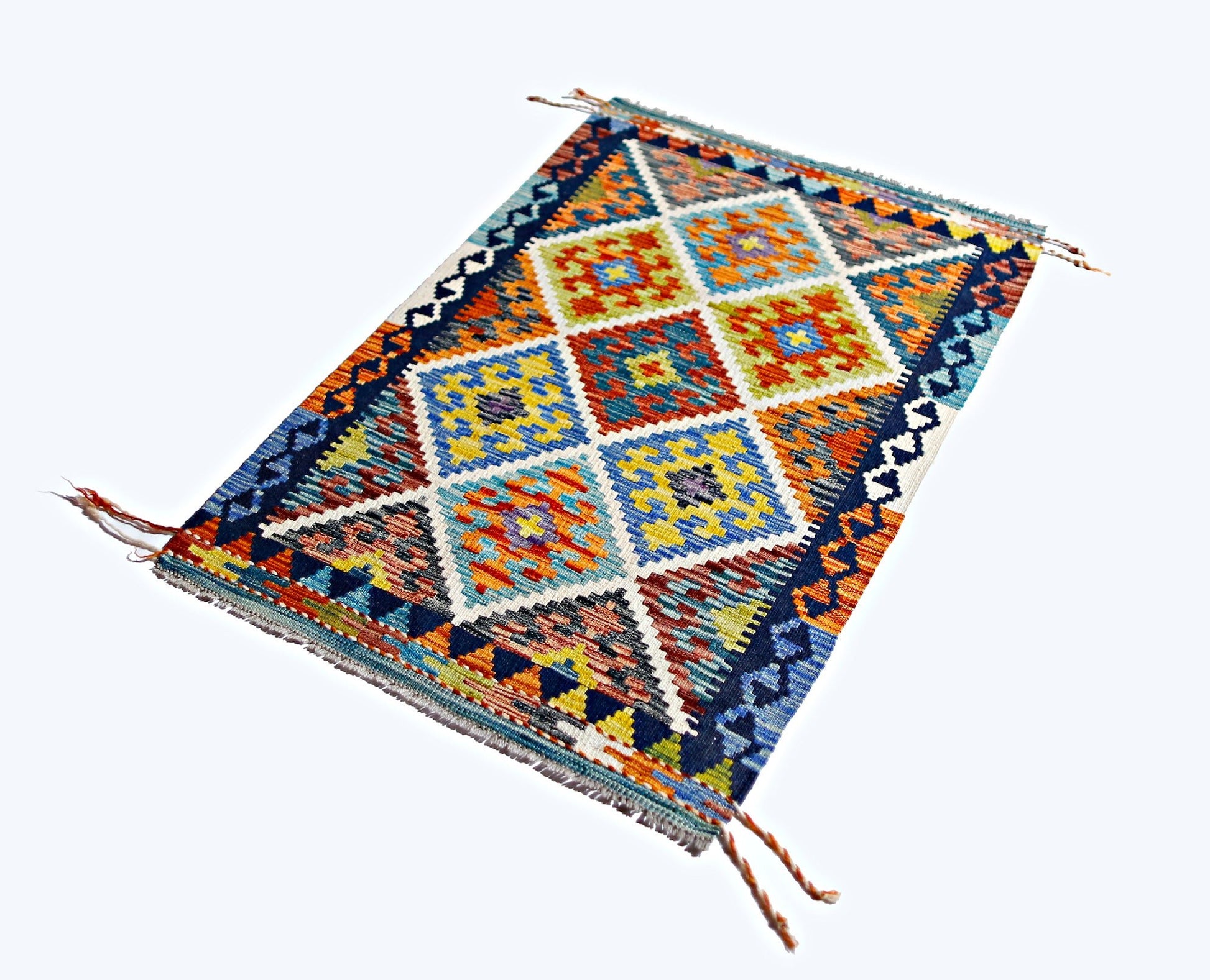 Handwoven Afghan Maimana kilim rug featuring a vibrant geometric diamond pattern in wool.
