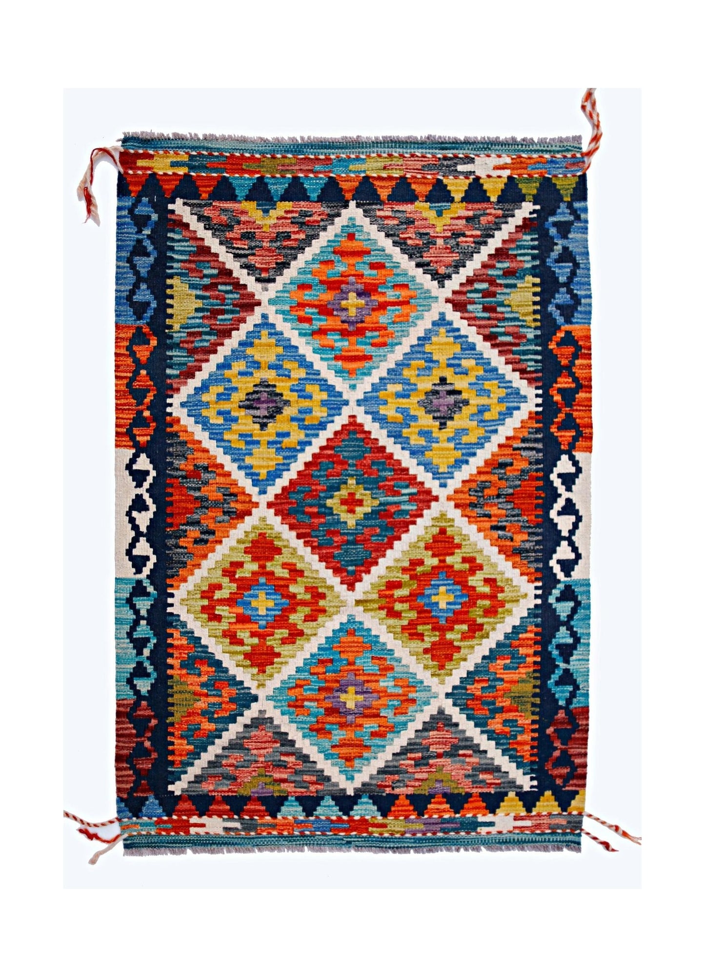 Handwoven Afghan Maimana kilim rug featuring a vibrant geometric diamond pattern in wool.