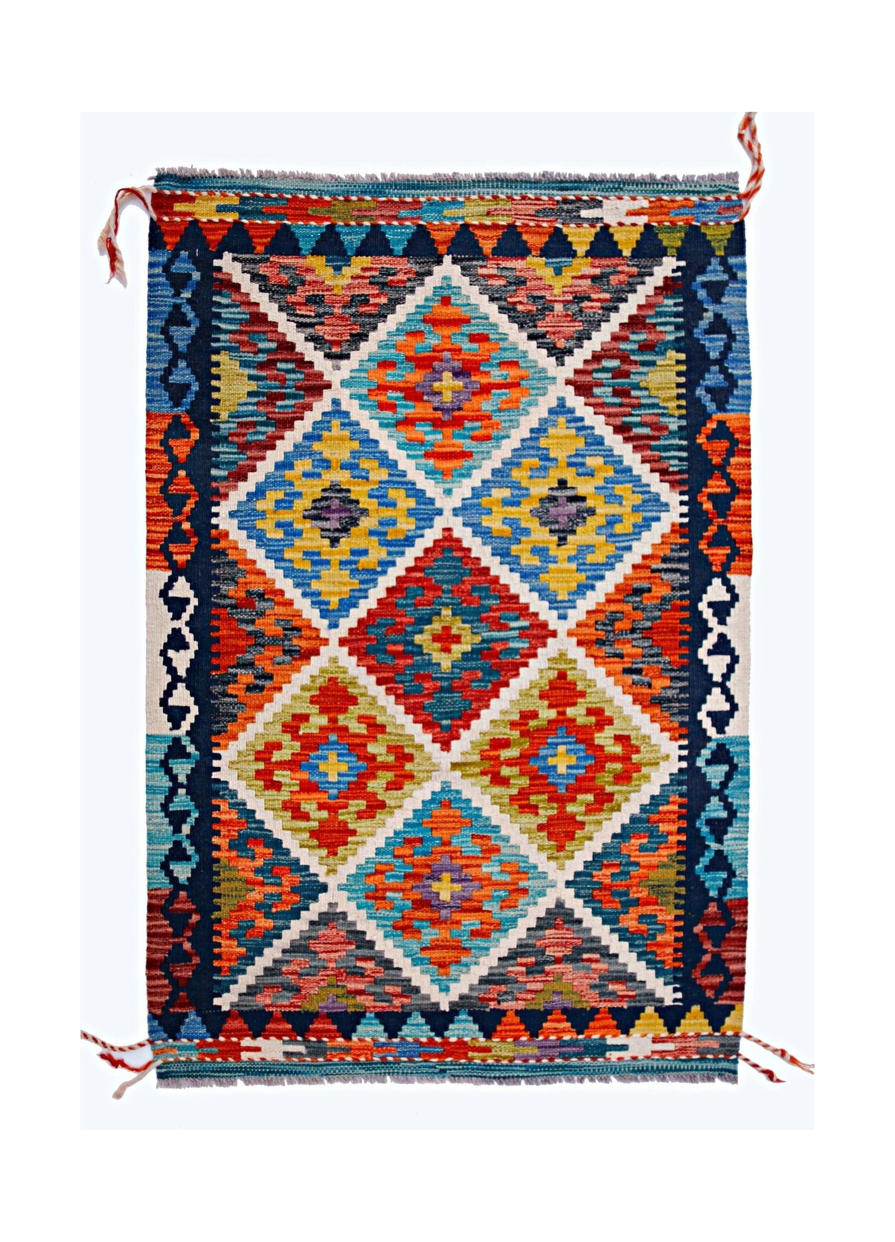 Handwoven Afghan Maimana kilim rug featuring a vibrant geometric diamond pattern in wool.