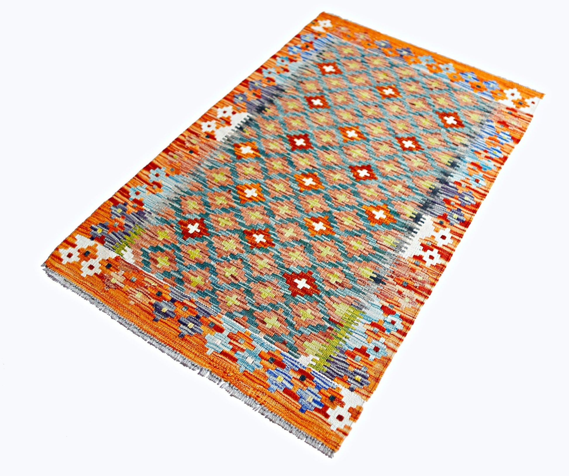 Handwoven Afghan Maimana kilim rug featuring a vibrant geometric pattern in orange and blue tones.