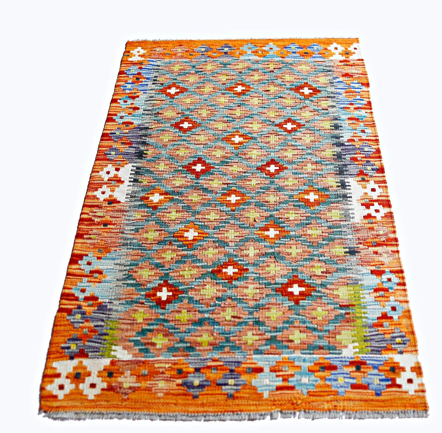 Handwoven Afghan Maimana kilim rug featuring a geometric pattern in vibrant orange and blue tones.