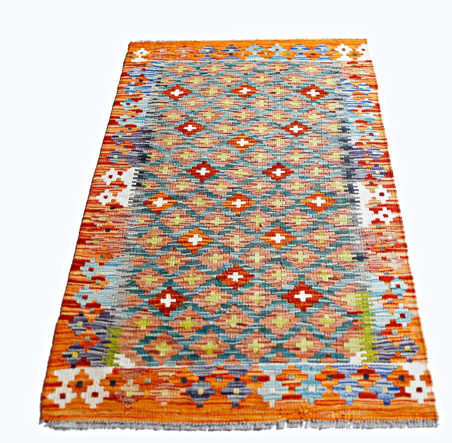 Handwoven Afghan Maimana kilim rug featuring a geometric pattern in vibrant orange and blue tones.