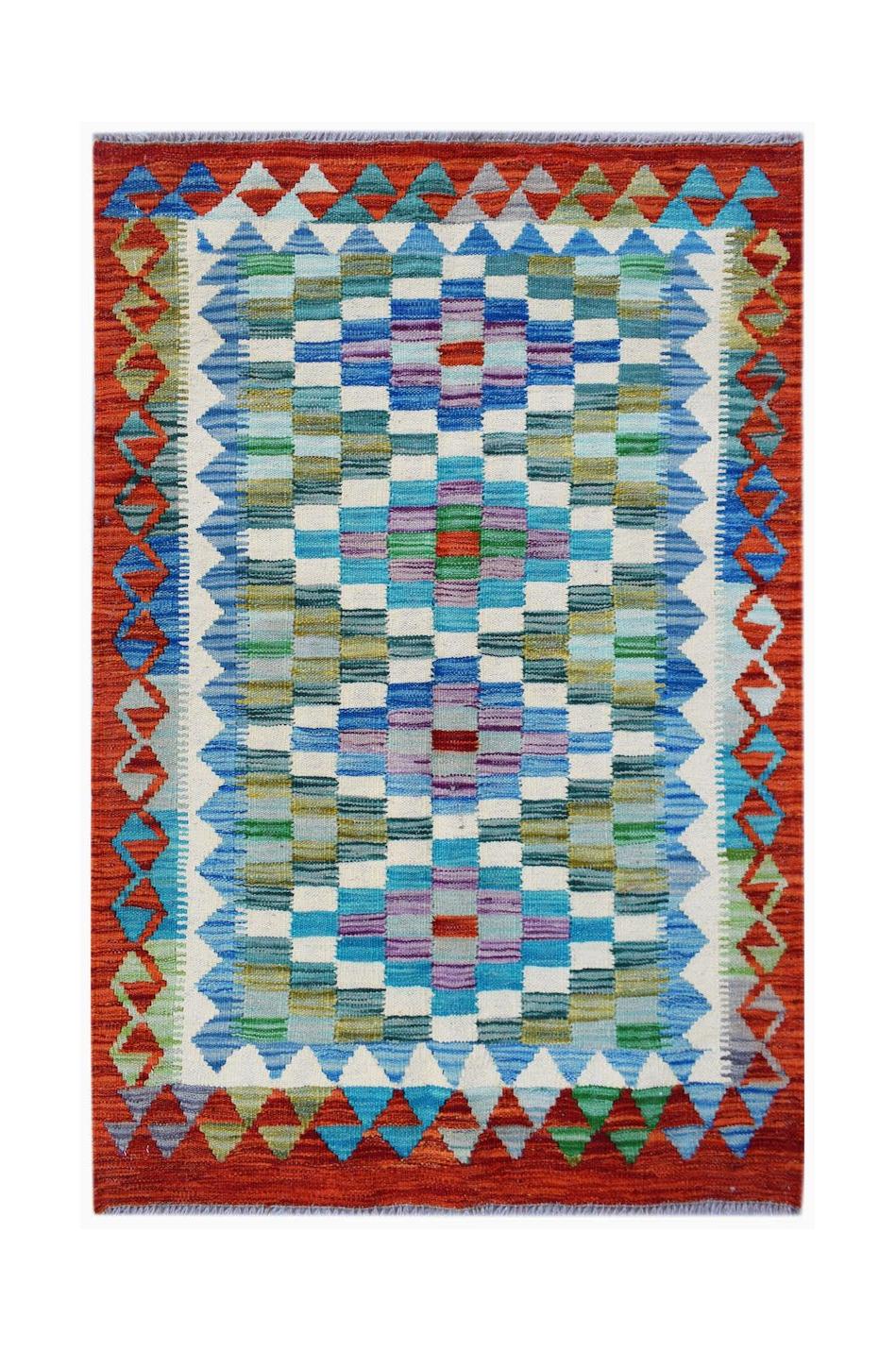 Handwoven Afghan Maimana kilim rug featuring a geometric pattern in blue, green, and red tones.